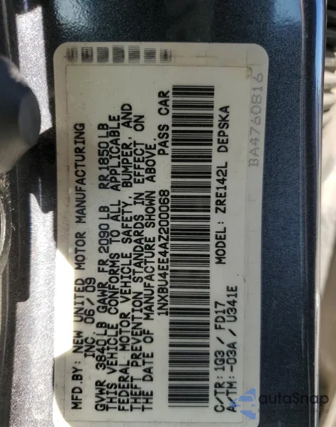 2010 Toyota Corolla Base из США, поврежденный, VIN 1NXBU4EE4AZ200068